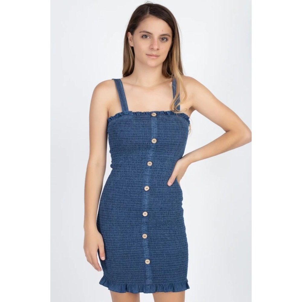 Blashe Dress Women M Blue Denim Smocked‎ Bodycon Ruffle Summer Cotton Casual